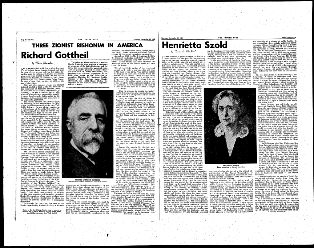 Henrietta Szold's Ser~ the Following Three Profiles of American Ment." in That Article, the Author Informed the - Bility to the Public