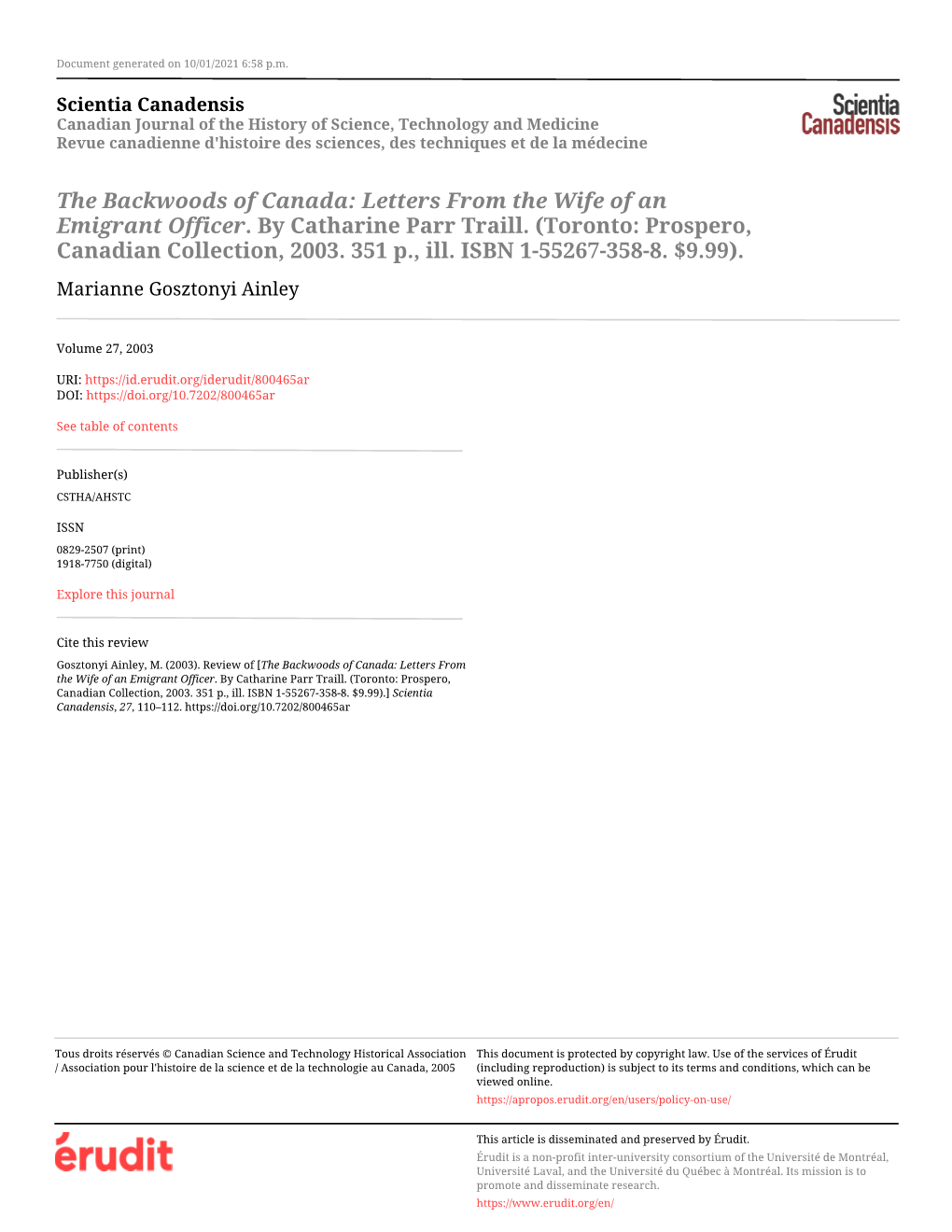 Letters from the Wife of an Emigrant Officer. by Catharine Parr Traill. (Toronto: Prospero, Canadian Collection, 2003