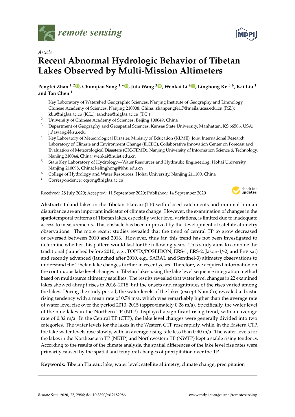 Recent Abnormal Hydrologic Behavior of Tibetan Lakes Observed by Multi-Mission Altimeters