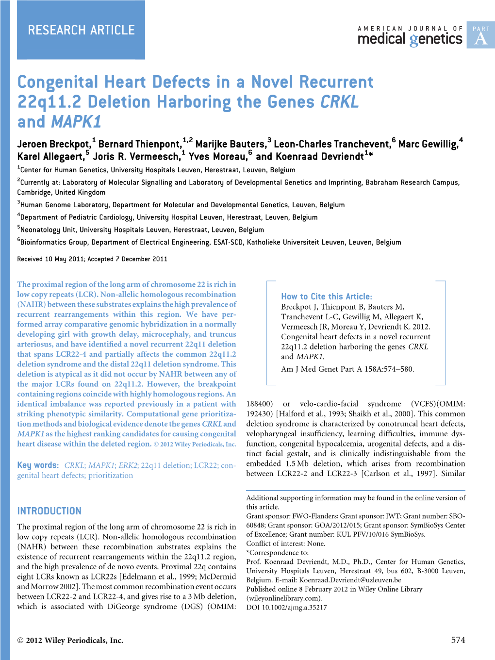 Congenital Heart Defects in a Novel Recurrent 22Q11.2