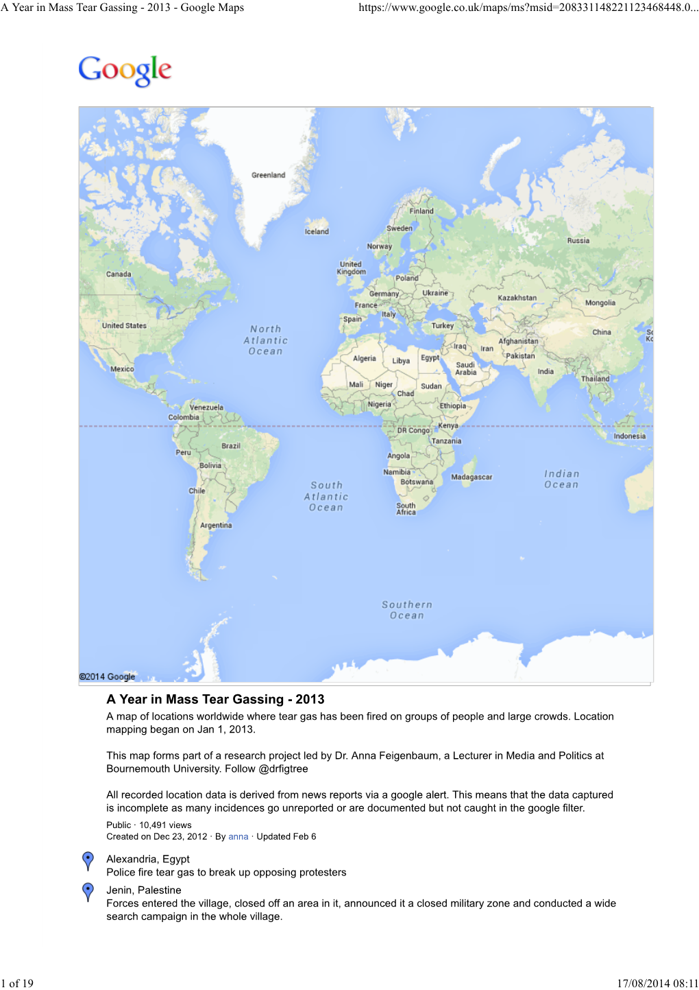 A Year in Mass Tear Gassing - 2013 - Google Maps