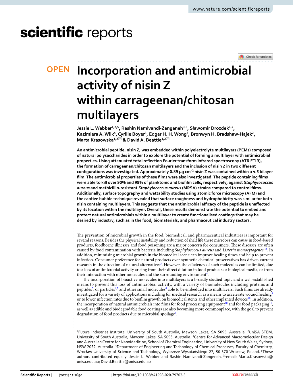 Incorporation and Antimicrobial Activity of Nisin Z Within Carrageenan/Chitosan Multilayers Jessie L