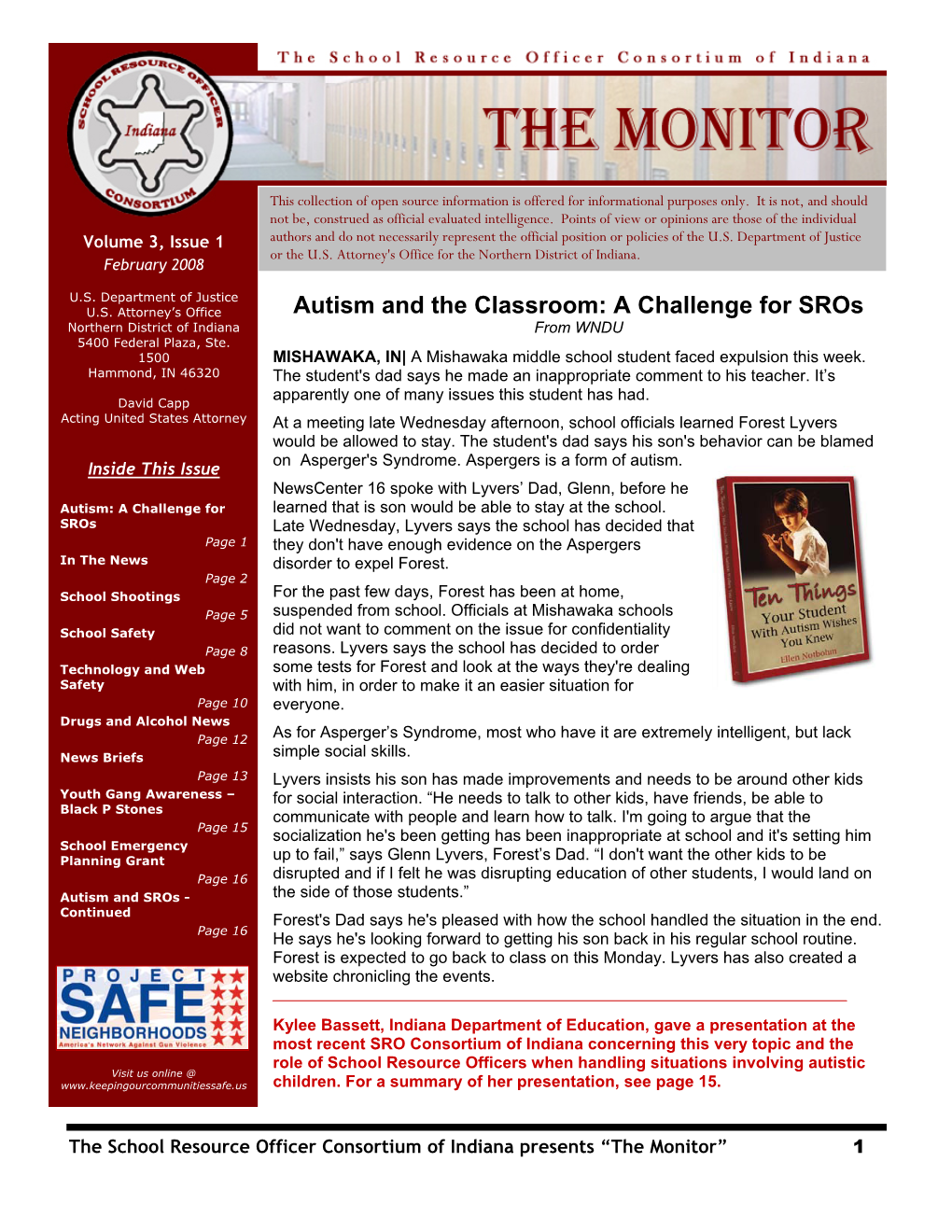 Autism and the Classroom: a Challenge for Sros Northern District of Indiana from WNDU 5400 Federal Plaza, Ste