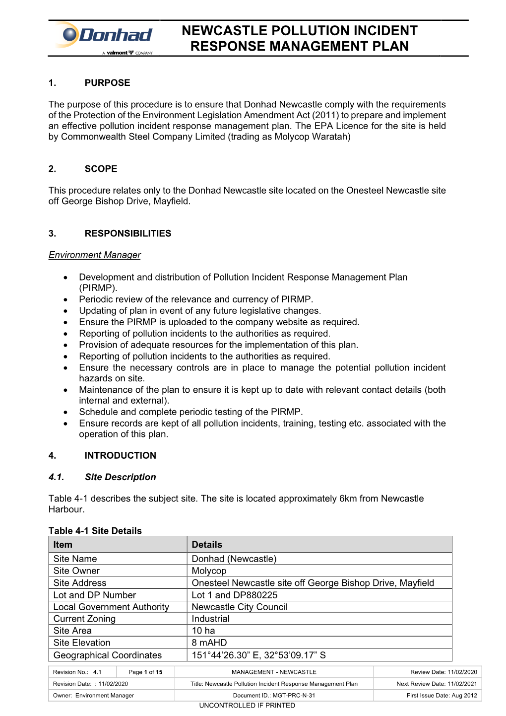Newcastle Pollution Incident Response Management Plan