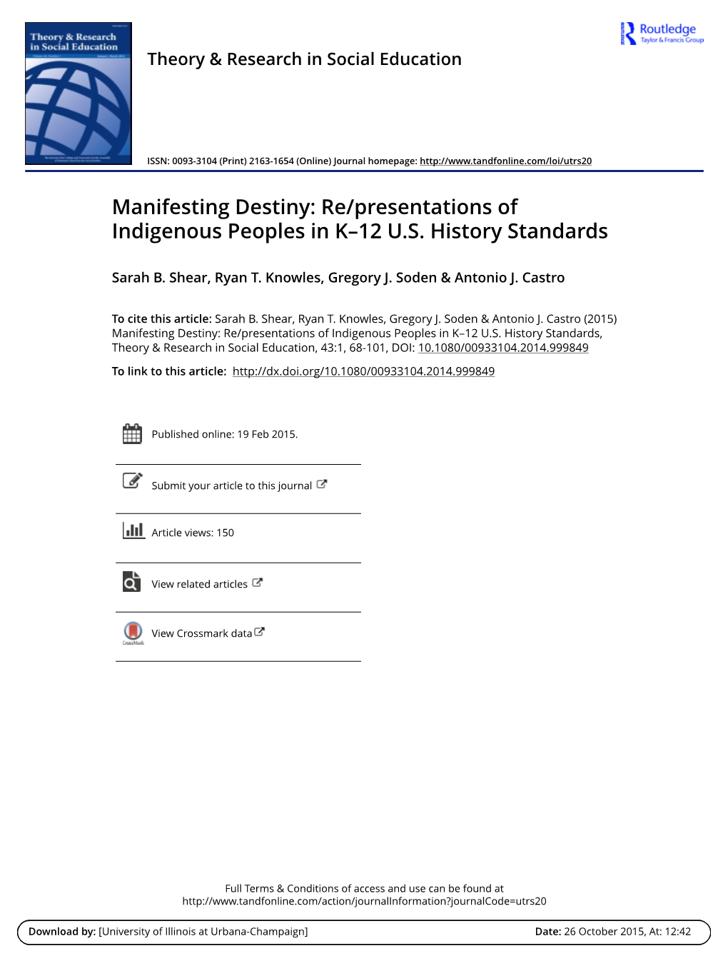 Manifesting Destiny: Re/Presentations of Indigenous Peoples in K–12 U.S. History Standards