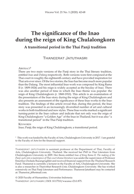 The Significance of the Inao During the Reign of King Chulalongkorn a Transitional Period in the Thai Panji Tradition