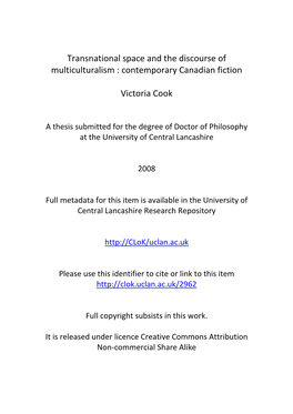 Transnational Space and the Discourse of Multiculturalism : Contemporary Canadian Fiction