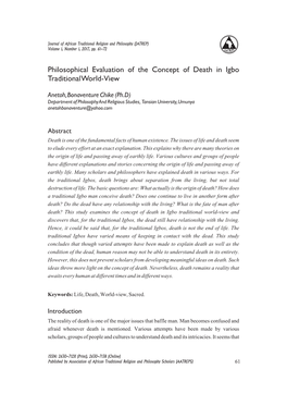 Philosophical Evaluation of the Concept of Death in Igbo Traditional World-View