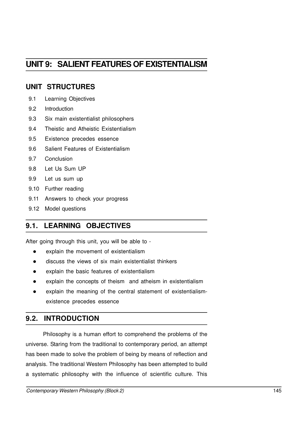 Unit 9: Salient Features of Existentialism