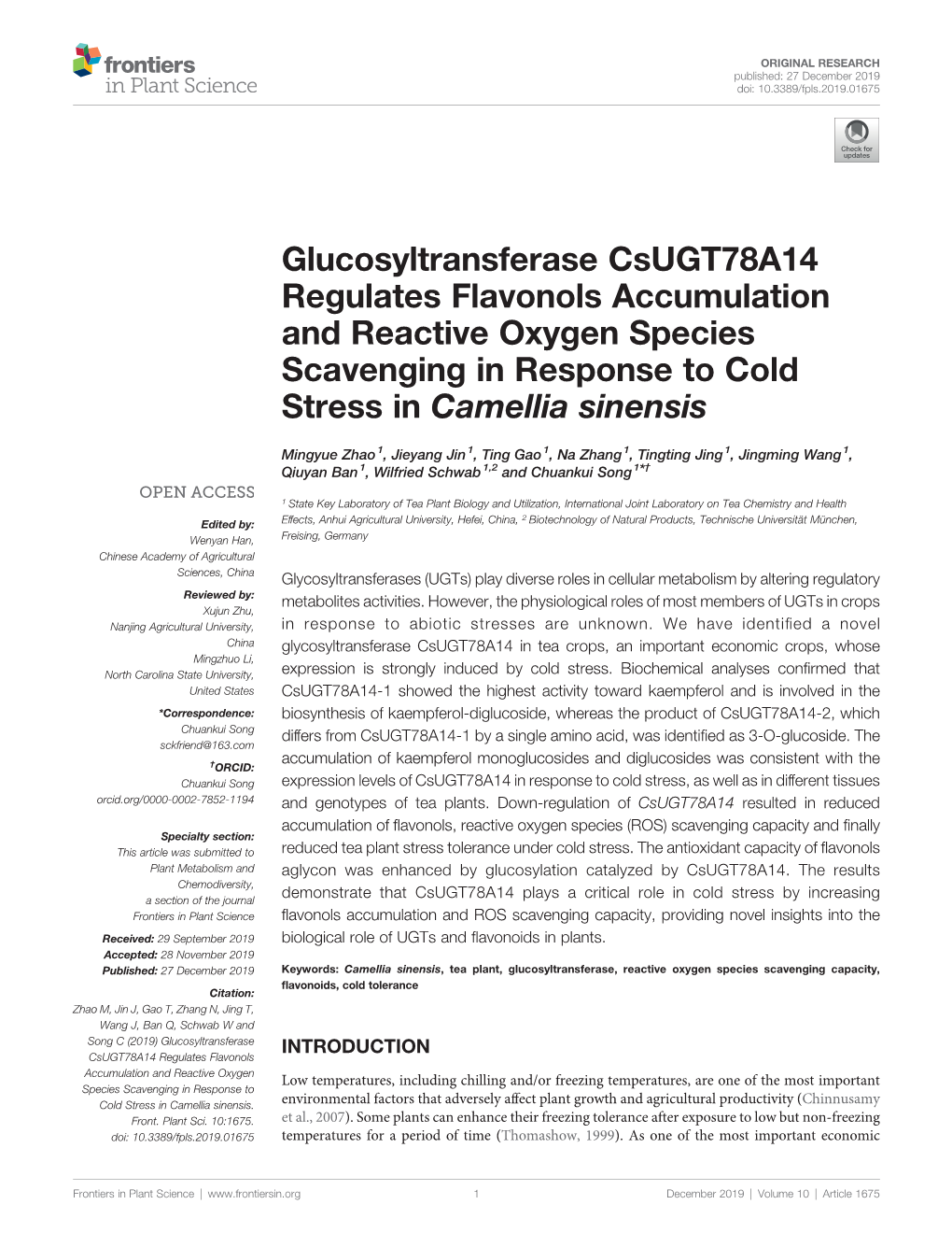 Glucosyltransferase Csugt78a14 Regulates Flavonols Accumulation and Reactive Oxygen Species Scavenging in Response to Cold Stress in Camellia Sinensis