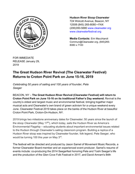 The Clearwater Festival) Returns to Croton Point Park on June 15-16, 2019