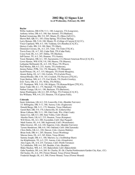 2002 Big 12 Signee List As of Wednesday, February 06, 2002