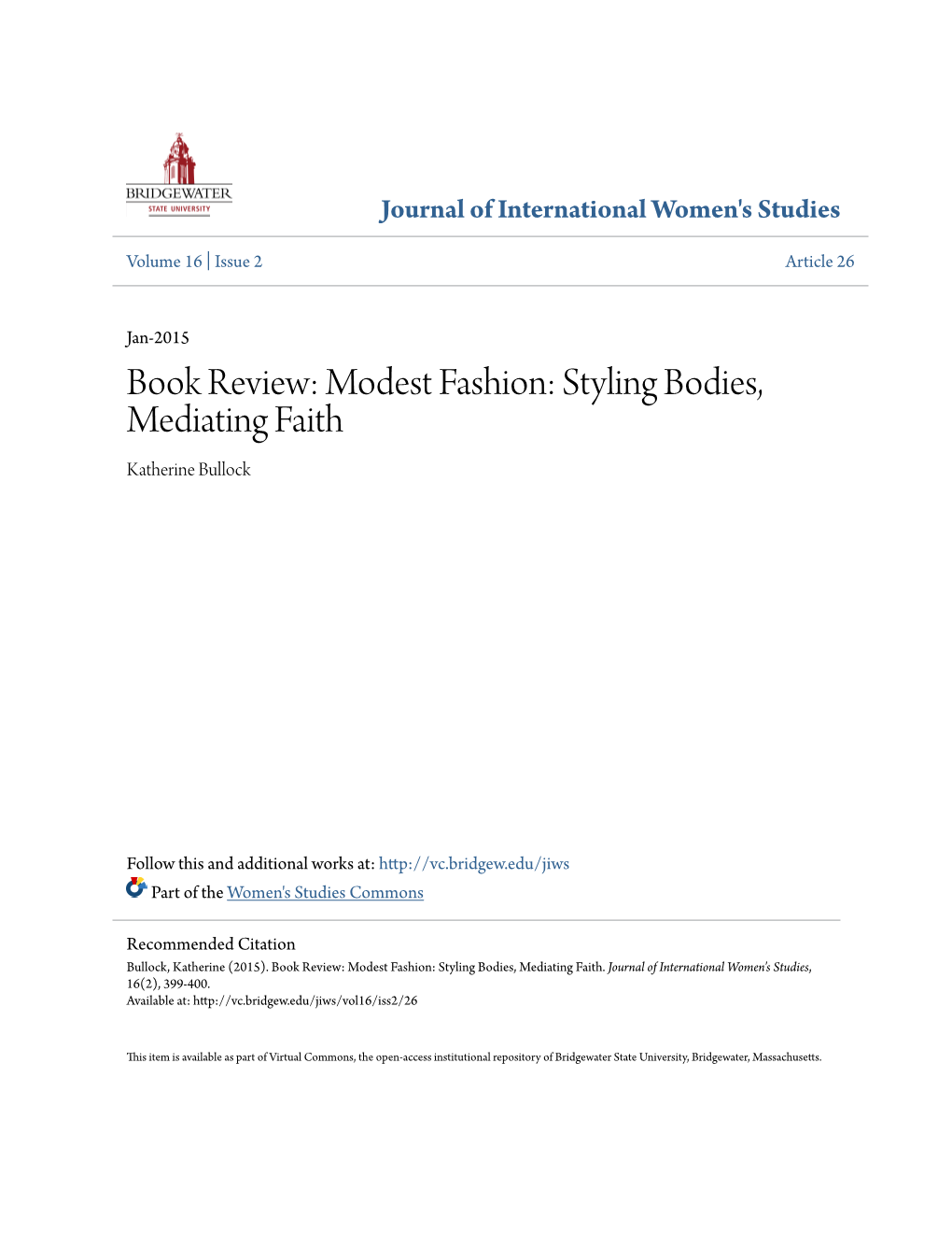 Book Review: Modest Fashion: Styling Bodies, Mediating Faith Katherine Bullock