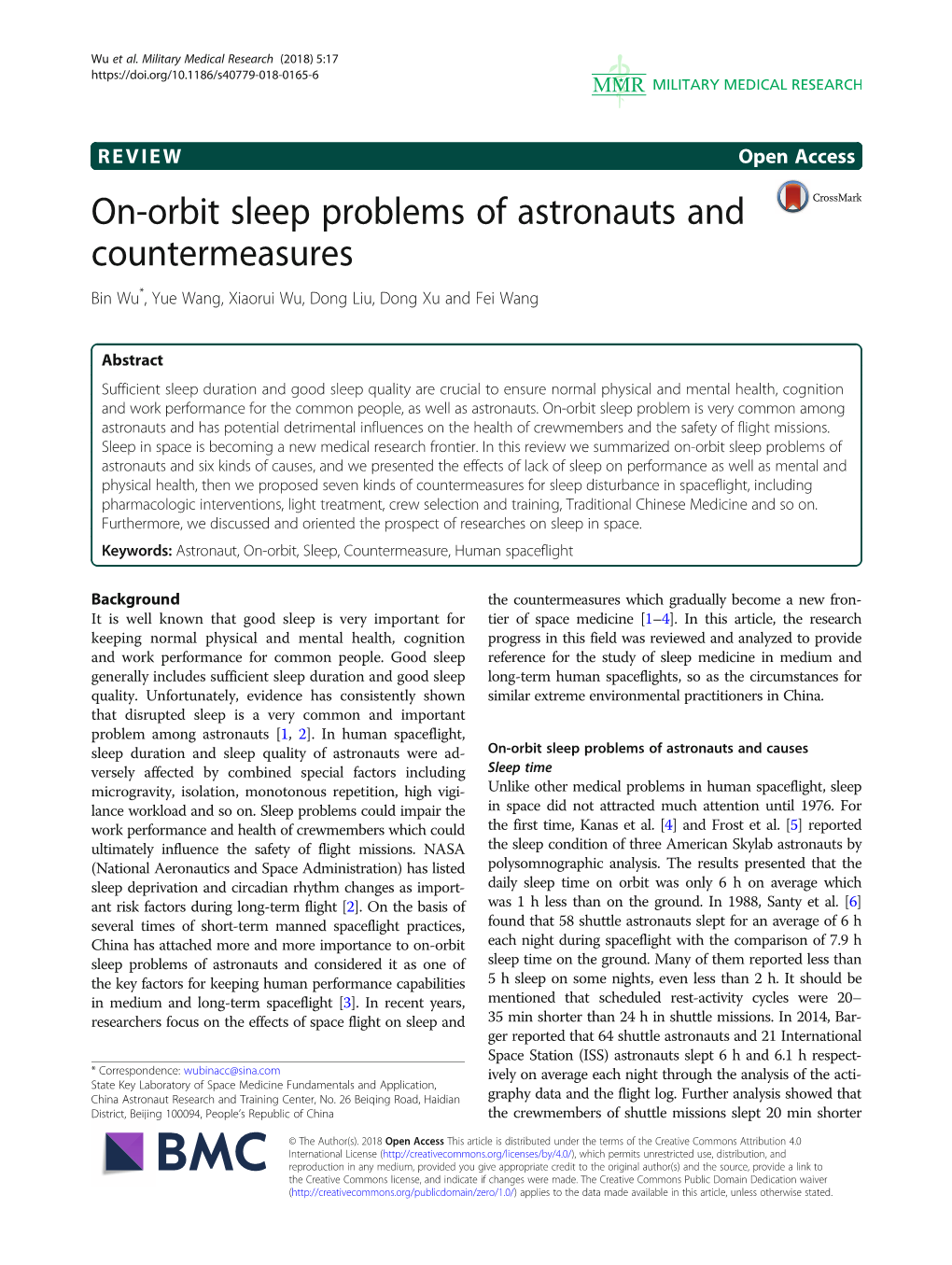 On-Orbit Sleep Problems of Astronauts and Countermeasures Bin Wu*, Yue Wang, Xiaorui Wu, Dong Liu, Dong Xu and Fei Wang