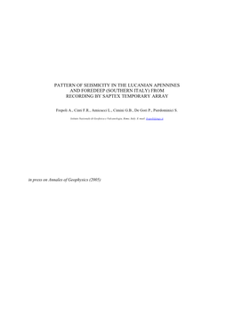 Pattern of Seismicity in the Lucanian Apennines and Foredeep (Southern Italy) from Recording by Saptex Temporary Array