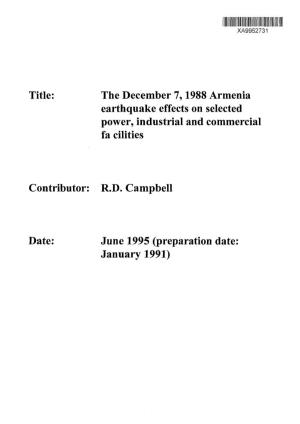 Title: the December 7,1988 Armenia Earthquake Effects on Selected Power, Industrial and Commercial Fa Cilities