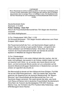 Freier Fall Warum Die Frauenfußball-Mannschaft Des TSV Siegen Den Anschluss Verpasste Von Heike Holdinghausen