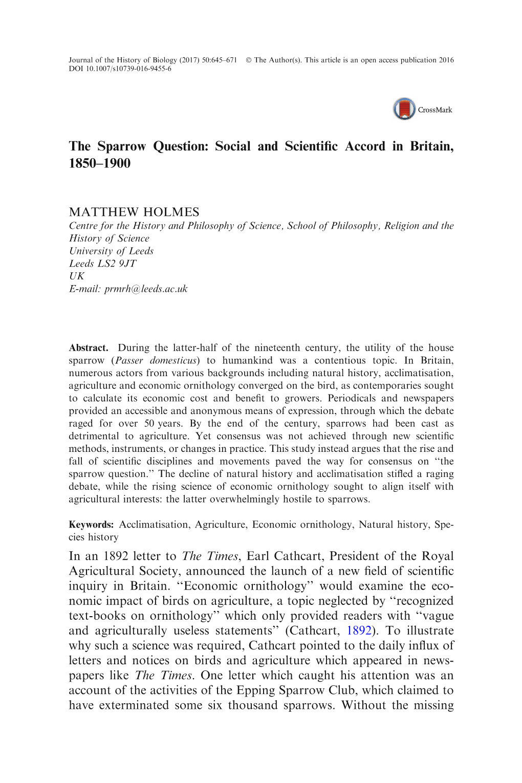 The Sparrow Question: Social and Scientific Accord in Britain, 1850–1900