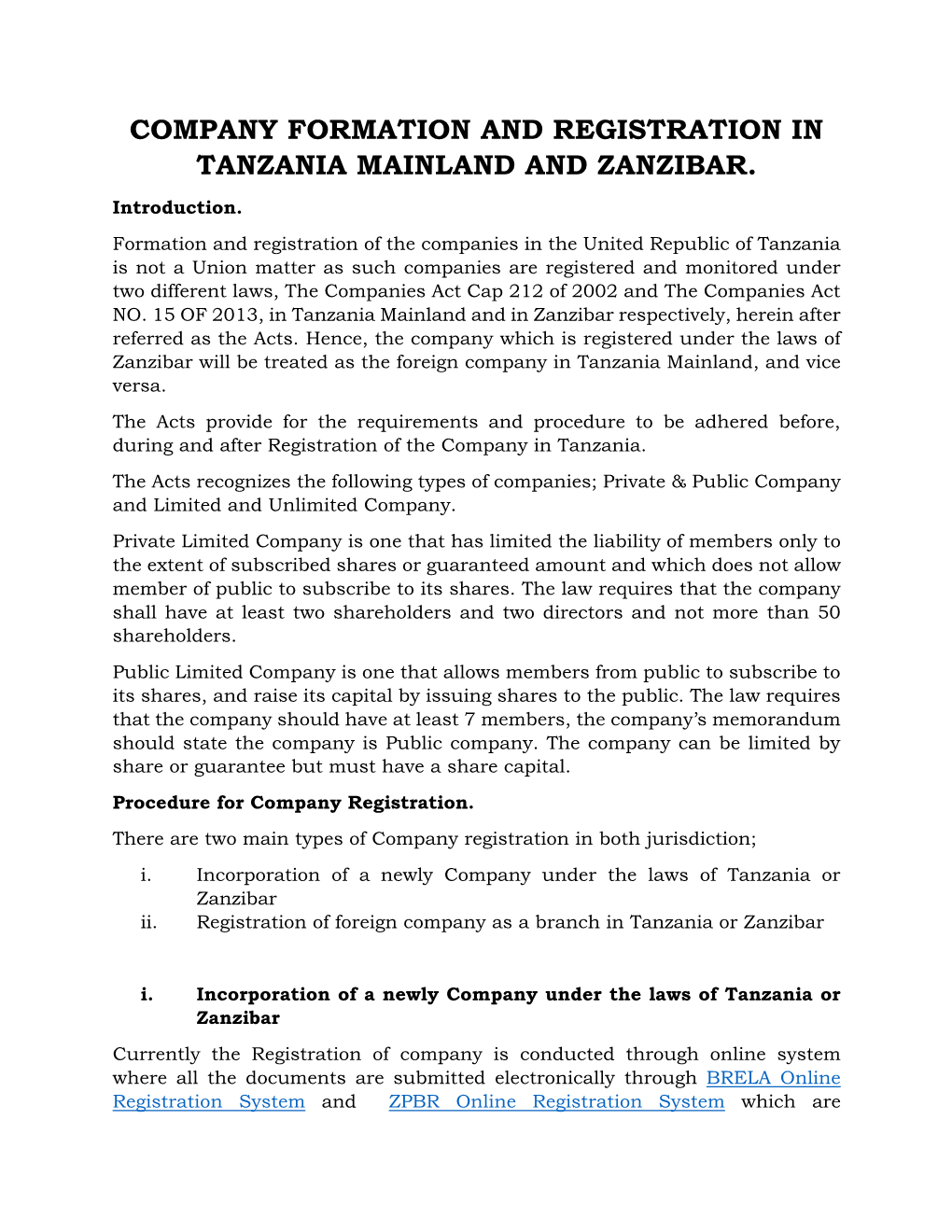 Company Formation and Registration in Tanzania Mainland and Zanzibar