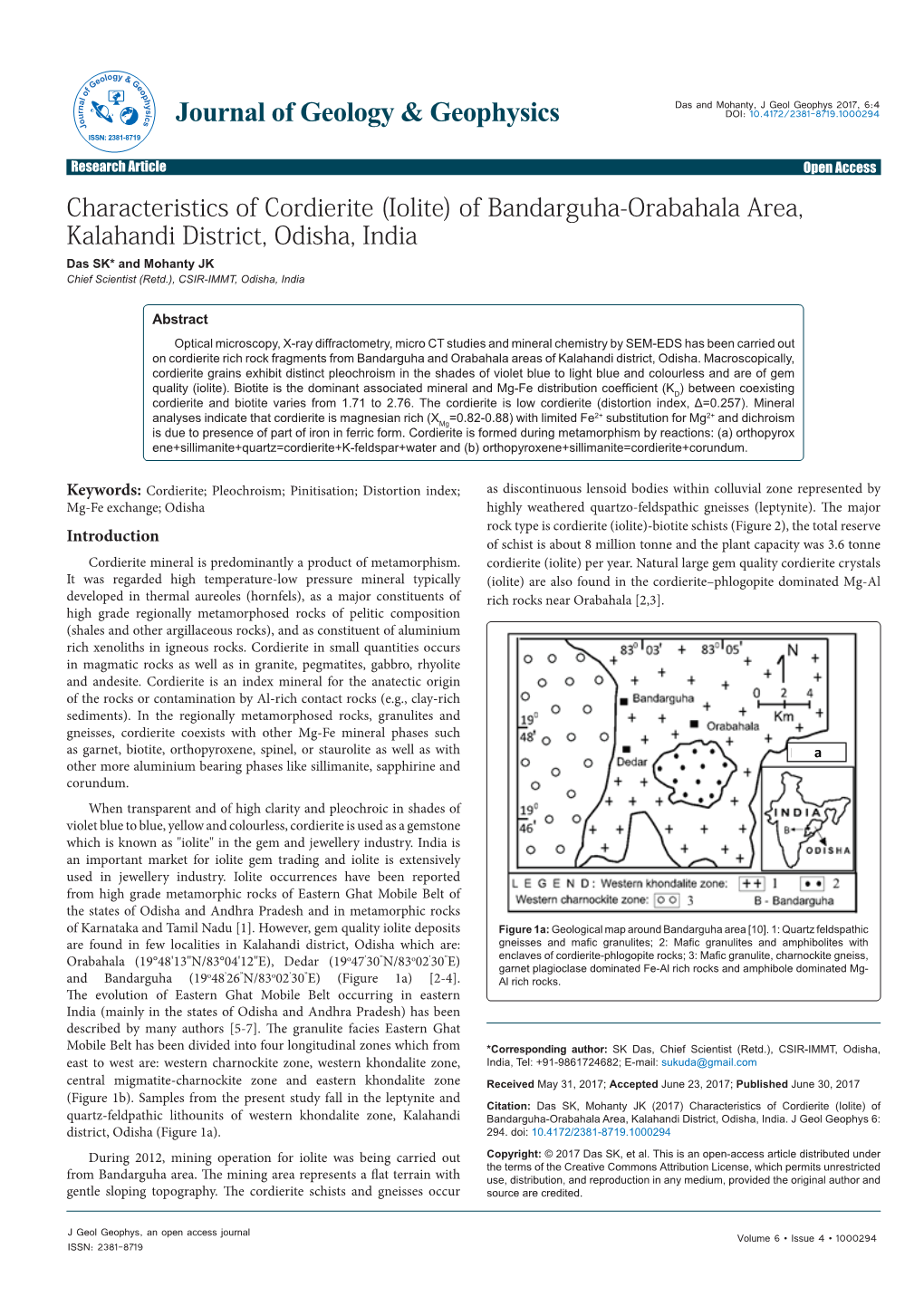 Characteristics of Cordierite (Iolite) of Bandarguha-Orabahala Area, Kalahandi District, Odisha, India