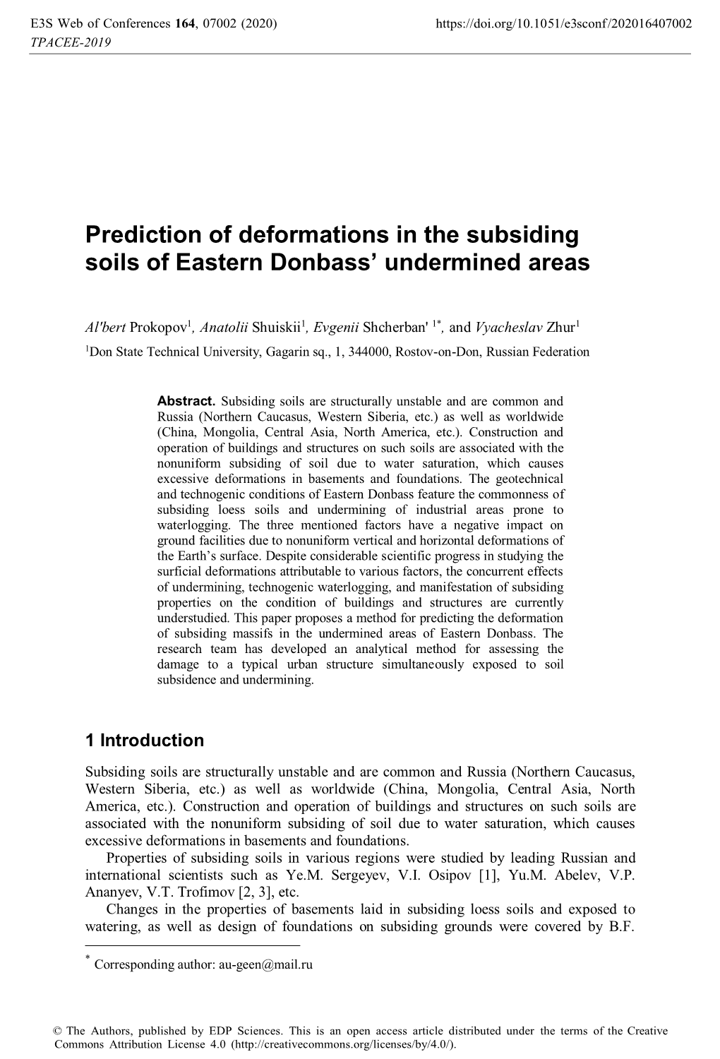 Prediction of Deformations in the Subsiding Soils of Eastern Donbass’ Undermined Areas