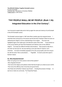 “THY PEOPLE SHALL BE MY PEOPLE: (Ruth 1.16): Integrated Education in the 21St Century”