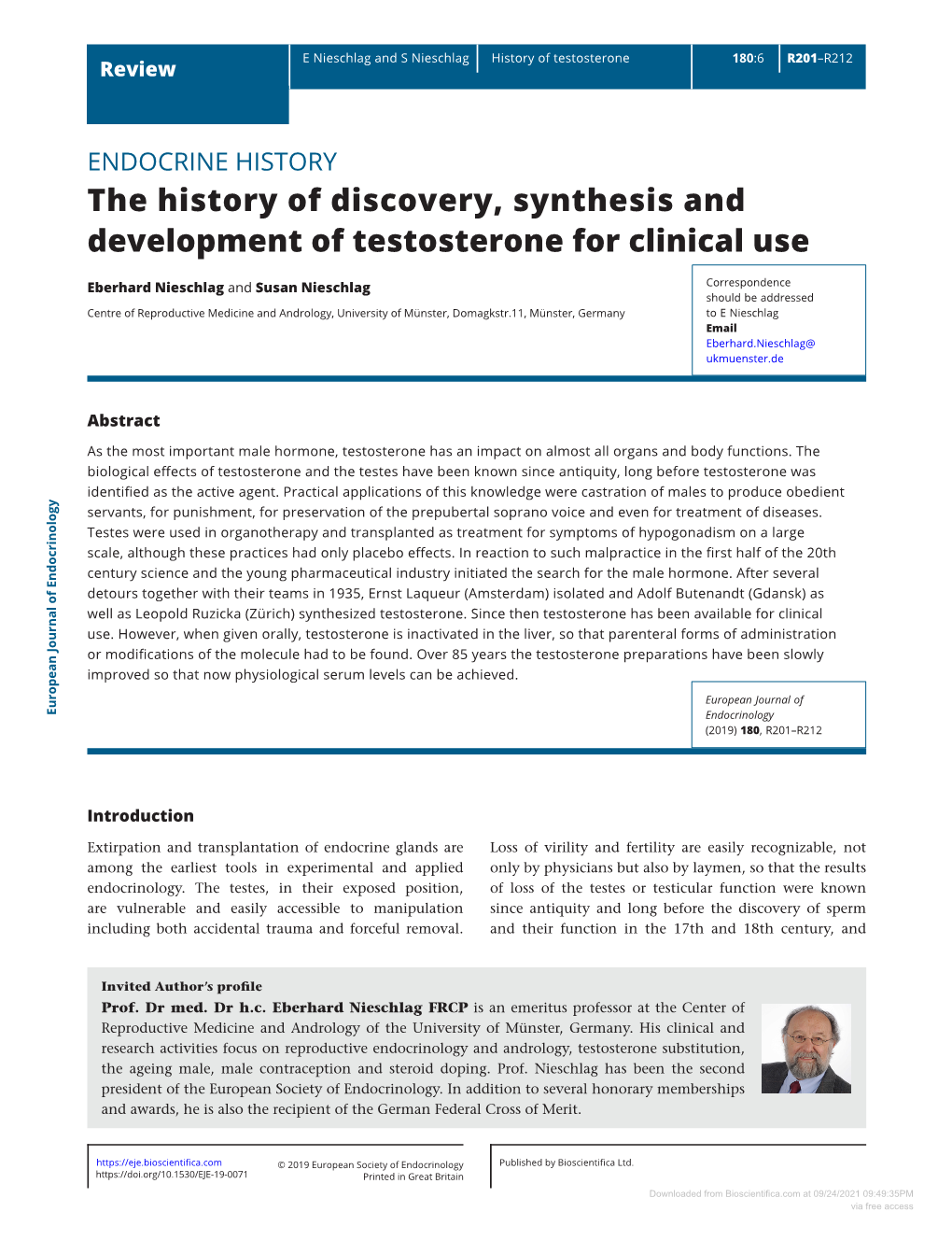 The History of Discovery, Synthesis and Development of Testosterone for Clinical