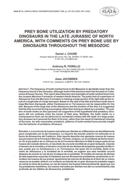 Prey Bone Utilization by Predatory Dinosaurs in the Late Jurassic of North America, with Comments on Prey Bone Use by Dinosaurs Throughout the Mesozoic