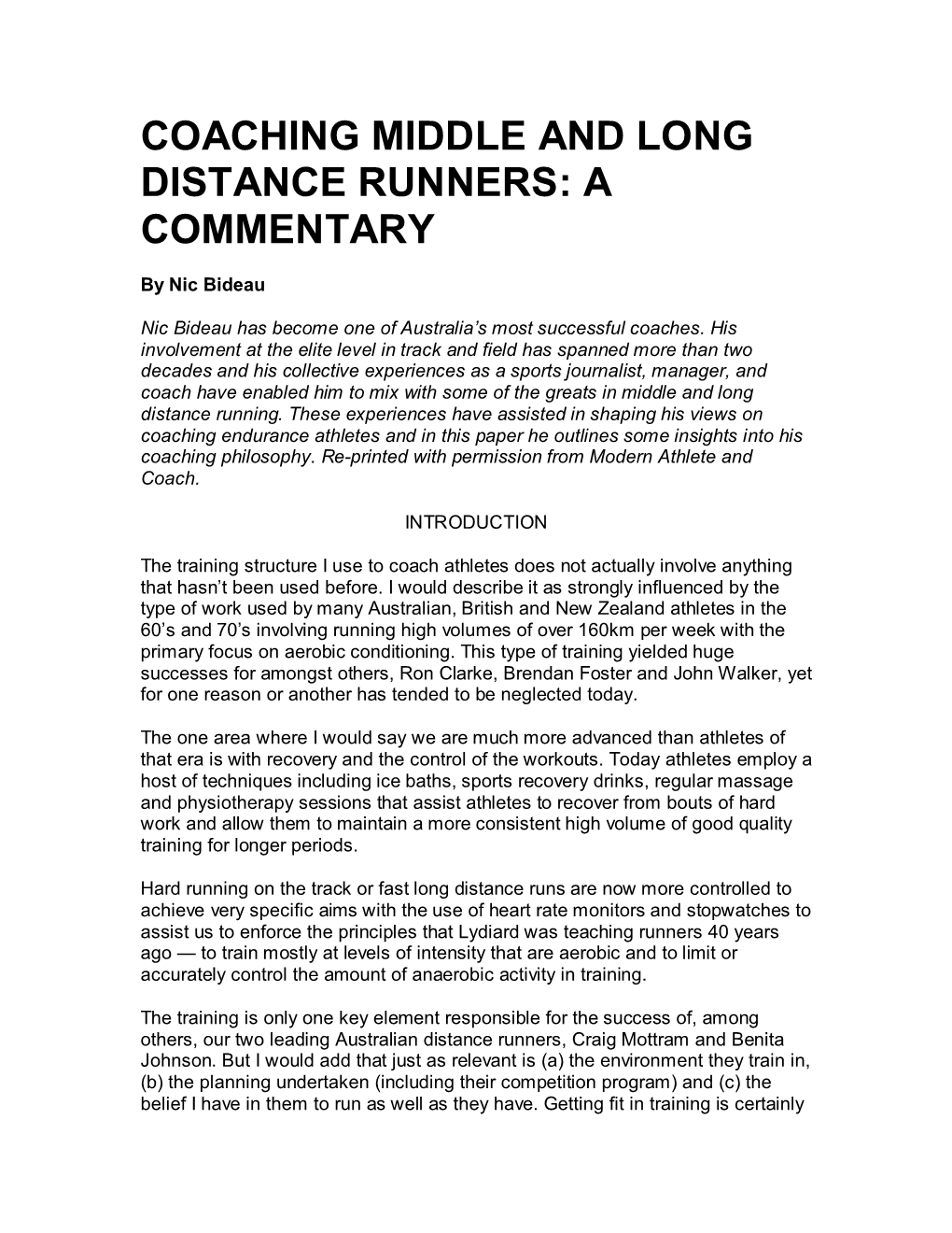 Coaching Middle and Long Distance Runners: a Commentary