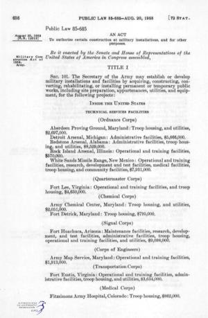 [72 STAT. Public Law 85-685 August 20, 1958 an ACT ["'R' T30i5] Rj^Q Authorize Certain