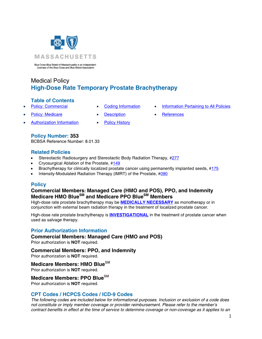 Medical Policy High-Dose Rate Temporary Prostate Brachytherapy