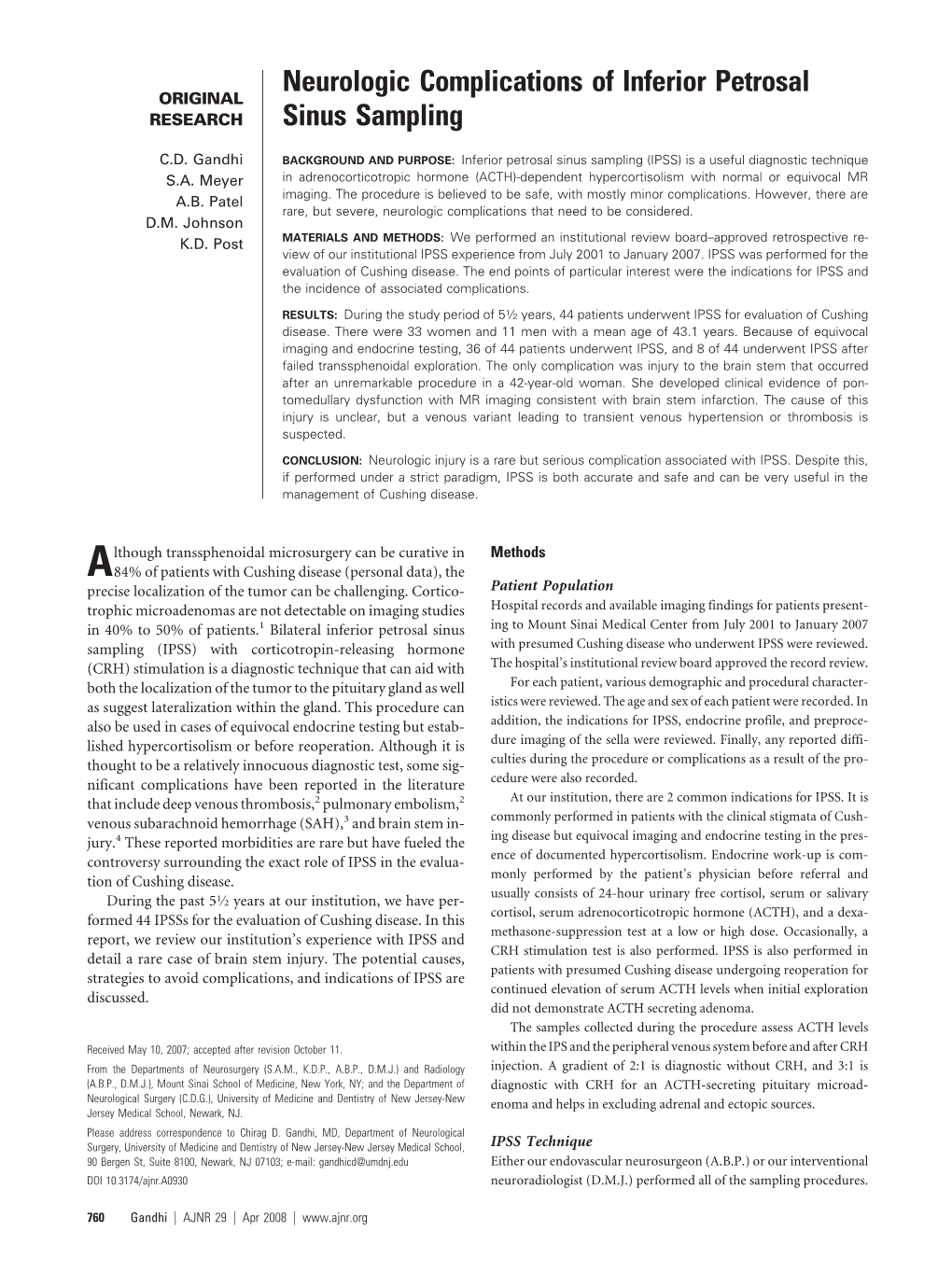 Neurologic Complications of Inferior Petrosal Sinus Sampling