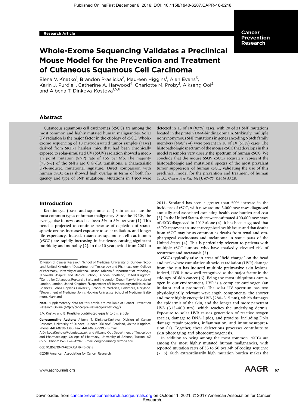 Whole-Exome Sequencing Validates a Preclinical Mouse Model for the Prevention and Treatment of Cutaneous Squamous Cell Carcinoma Elena V