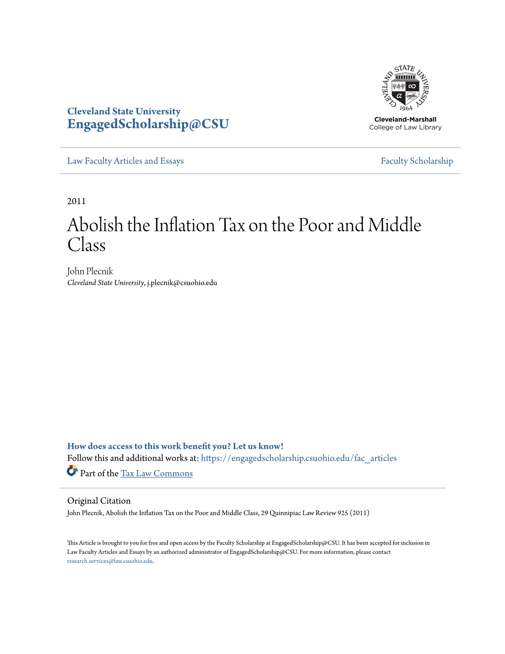 Abolish the Inflation Tax on the Poor and Middle Class John Plecnik Cleveland State University, J.Plecnik@Csuohio.Edu