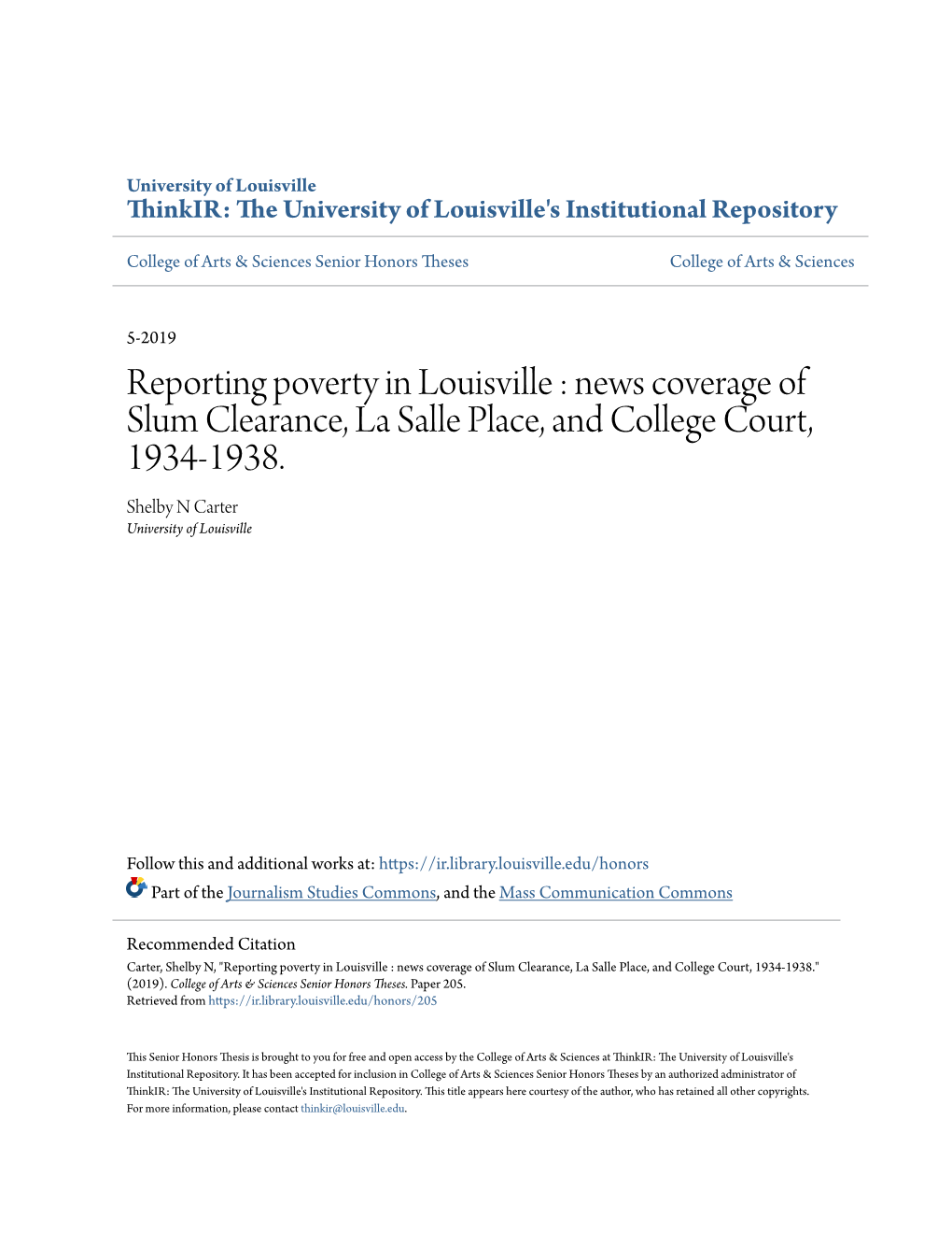 Reporting Poverty in Louisville : News Coverage of Slum Clearance, La Salle Place, and College Court, 1934-1938