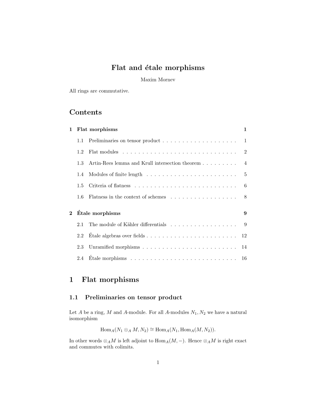 Flat and Étale Morphisms Contents 1 Flat Morphisms