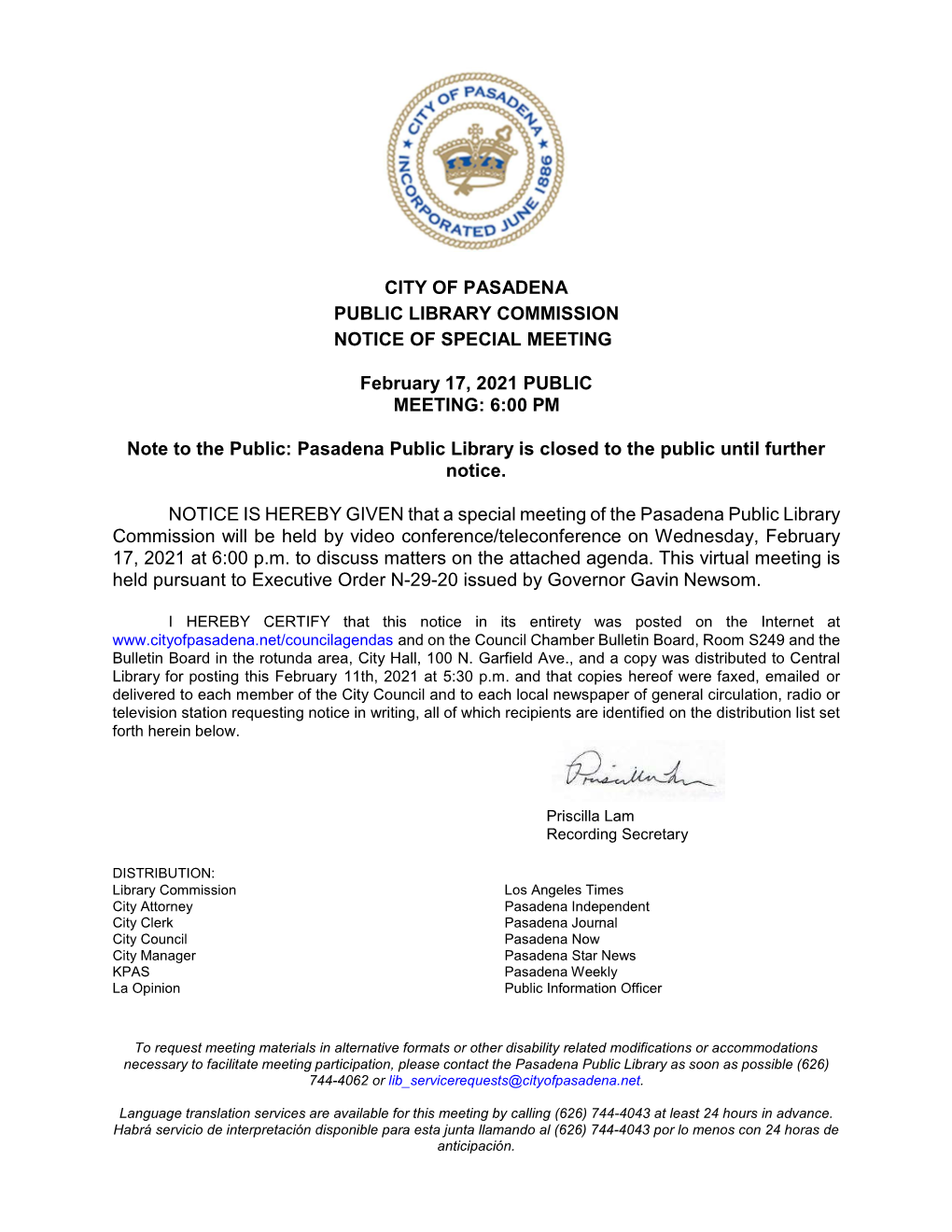 City of Pasadena Public Library Commission Notice of Special Meeting