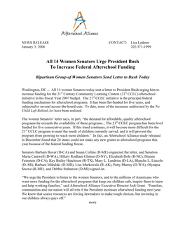 14 Women Senators Urge President Bush to Increase Federal Afterschool Funding