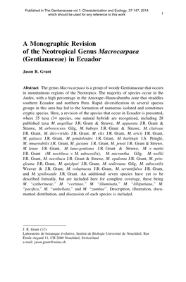 A Monographic Revision of the Neotropical Genus Macrocarpaea (Gentianaceae) in Ecuador