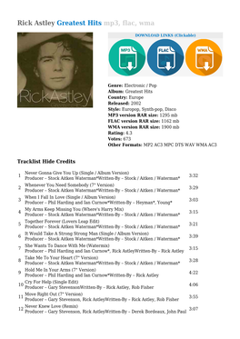 Rick Astley Greatest Hits Mp3, Flac, Wma