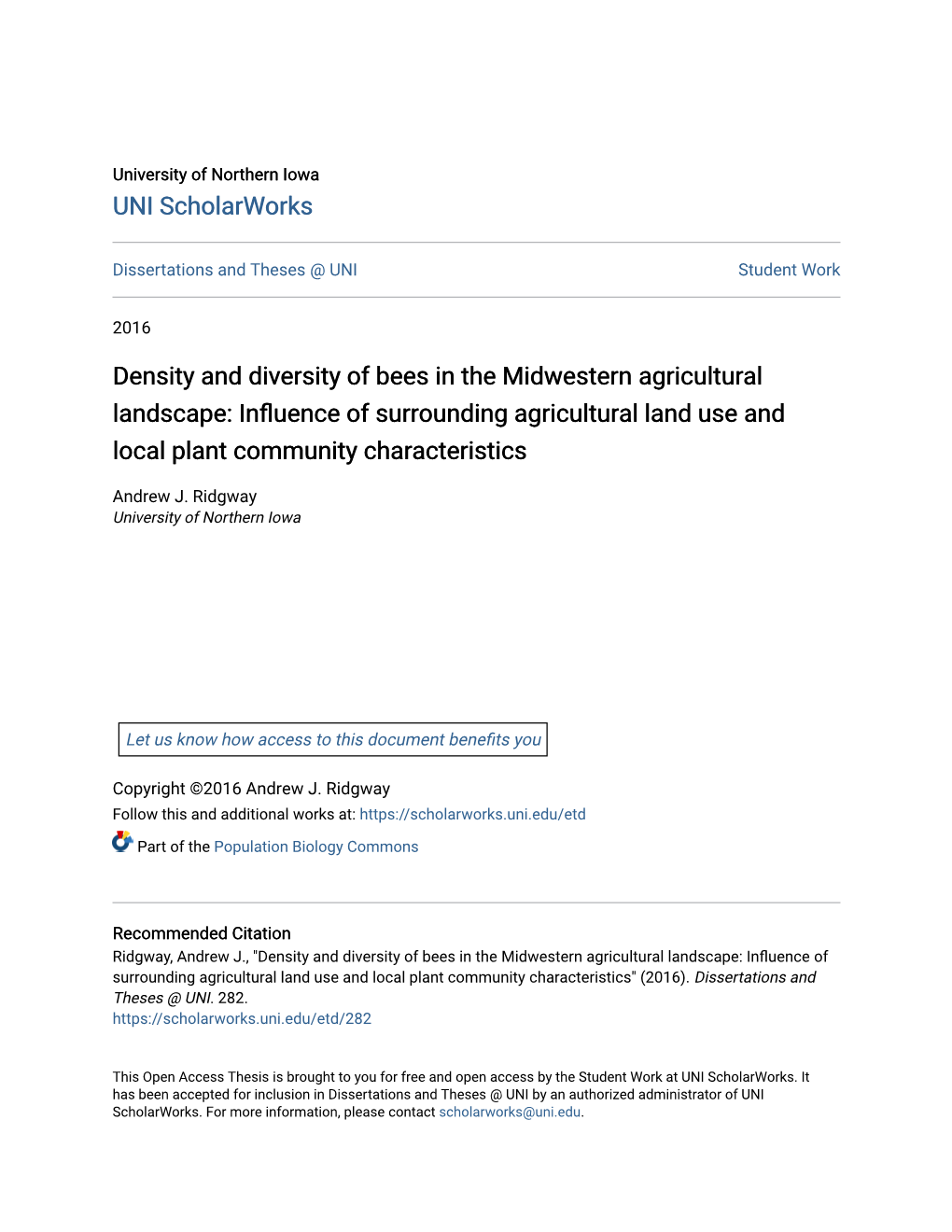 Density and Diversity of Bees in the Midwestern Agricultural Landscape: Influence of Surrounding Agricultural Land Use and Local Plant Community Characteristics