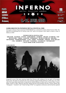 GORGOROTH to INFERNO METAL FESTIVAL 2020 Norwegian Infamous Black Metal Band GORGOROTH Are Confirmed for Inferno Metal Festival 2020