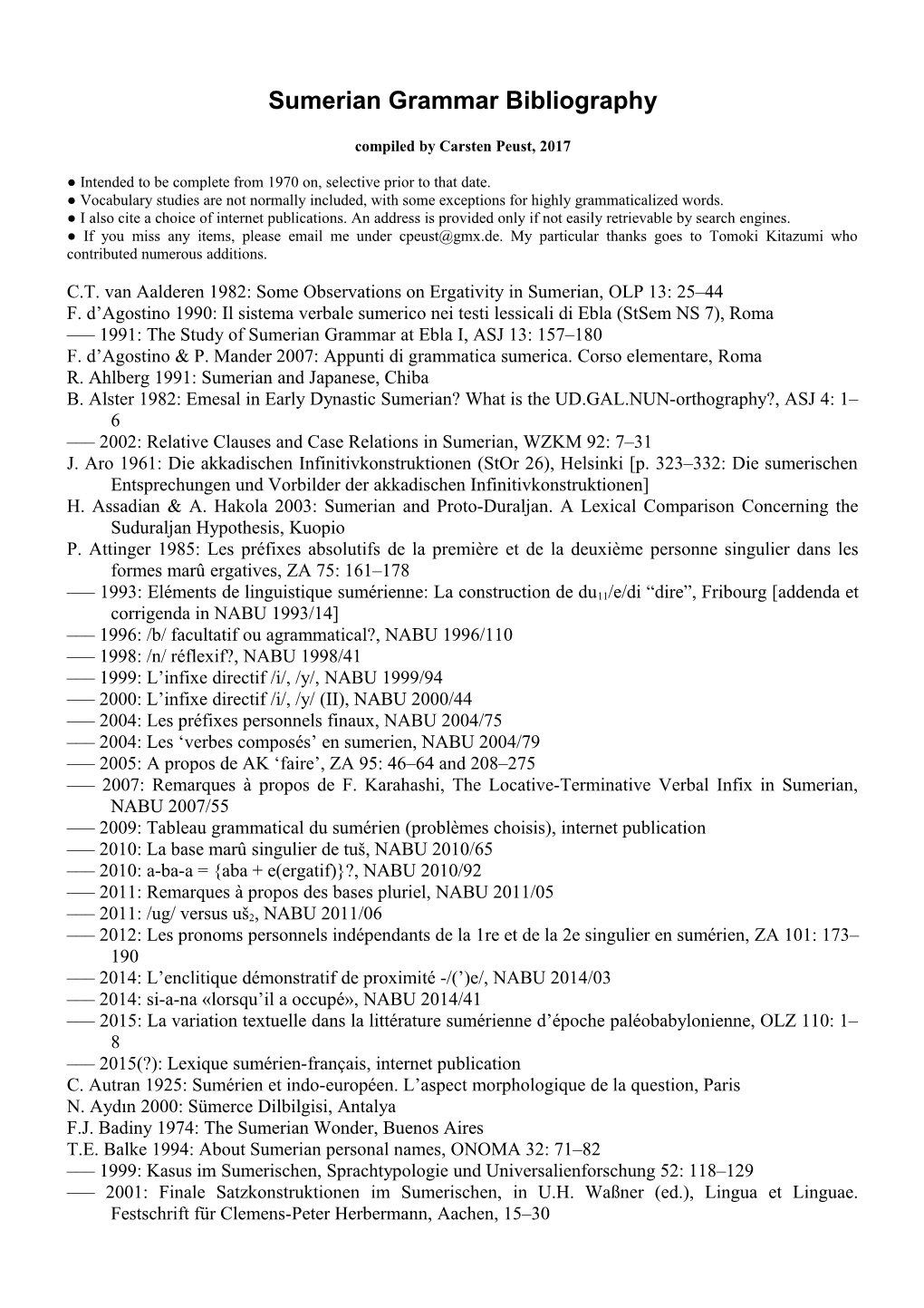 Sumerian Grammar Bibliography