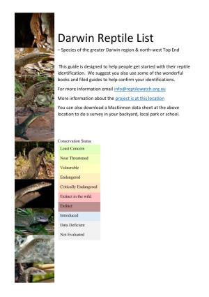 Darwin Reptile List – Species of the Greater Darwin Region & North-West Top End