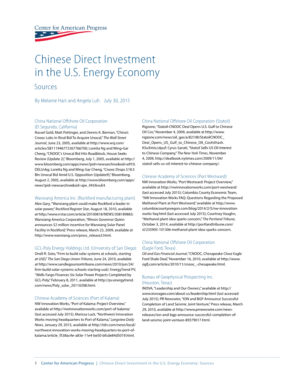 Chinese Direct Investment in the U.S. Energy Economy Sources