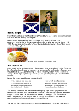 Burns' Night Burns' Night Celebrates the Life and Work of Robert Burns and Scottish Culture in General