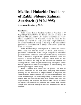 Medical-H Alachic D Ecisions of Rabbi Shlom O Zalm an Auerbach (1910-1995) Avraham Steinberg, M.D