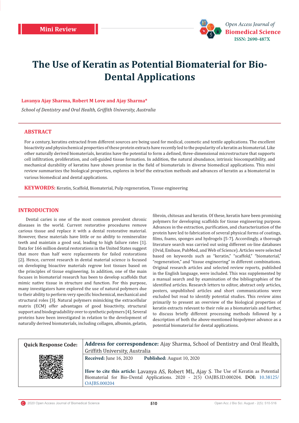 The Use of Keratin As Potential Biomaterial for Bio-Dental Applications