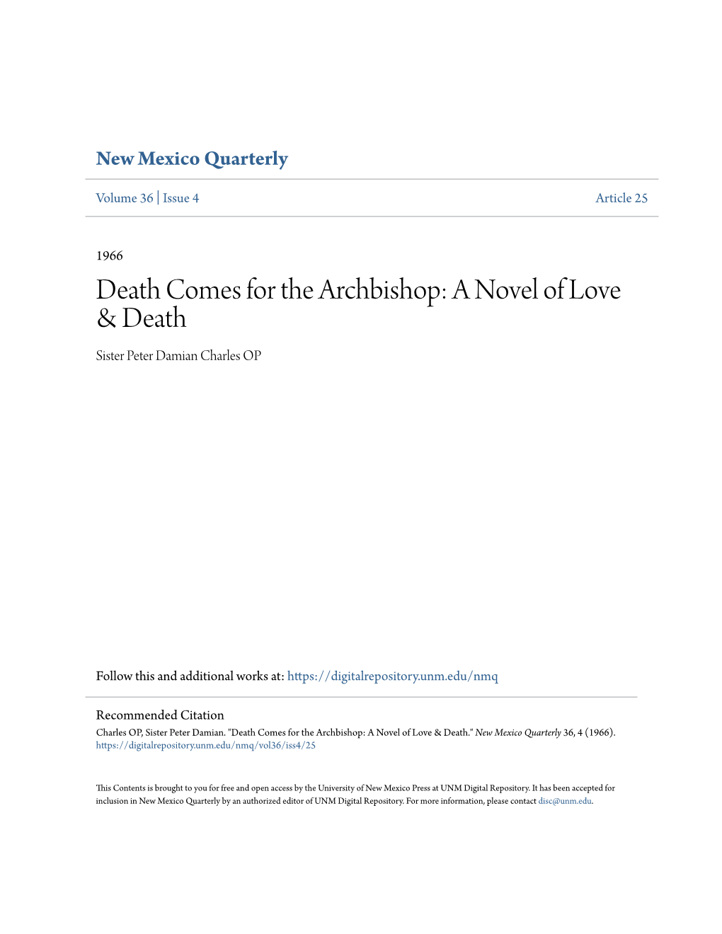 Death Comes for the Archbishop: a Novel of Love & Death