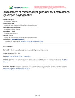 Assessment of Mitochondrial Genomes for Heterobranch Gastropod Phylogenetics